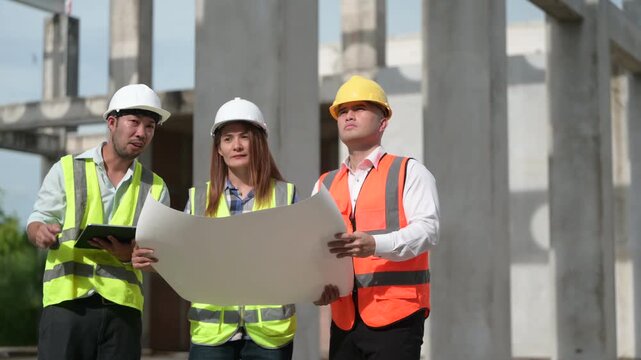 Architects and construction engineers review structural and architectural plans at a building site. Concept of construction planning, structural design, teamwork, and project development.