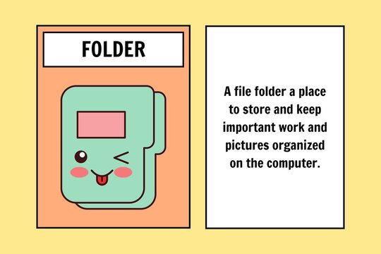 Cute educational flashcard vector design explaining computer file folders for kids. Features a winking cartoon folder character and simple definition text, perfect for digital literacy lessons.