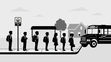 School bus stop with students and a bus black silhouette illustration
