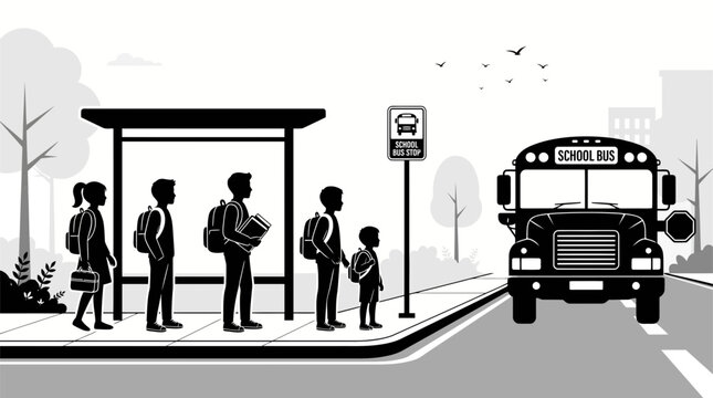 School bus stop with students waiting black and white vector illustration