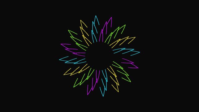 Burst geometric pattern created with colorful zig zag lines arranged in a circle on a dark backdrop.
