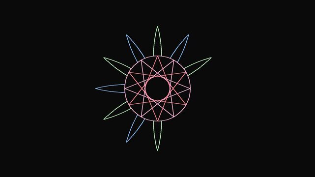 Sunburst emblem crafted from intersecting geometric lines on a dark black background.