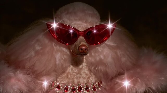 Stylish Poodle in Red Sunglasses and Jewelry