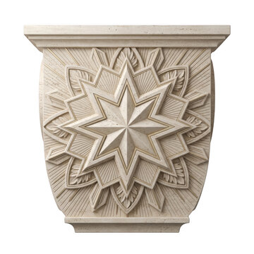 Architectural wall corbel featuring a prominent eight-pointed star motif surrounded by sunburst rays, carved in beige stone on white background isolated on a transparent background