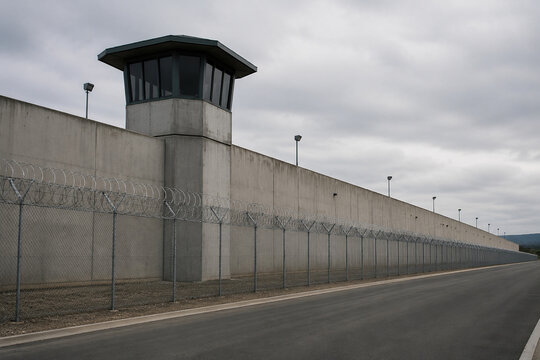 Modern correctional facility exterior with concrete wall and guard tower, security concept
