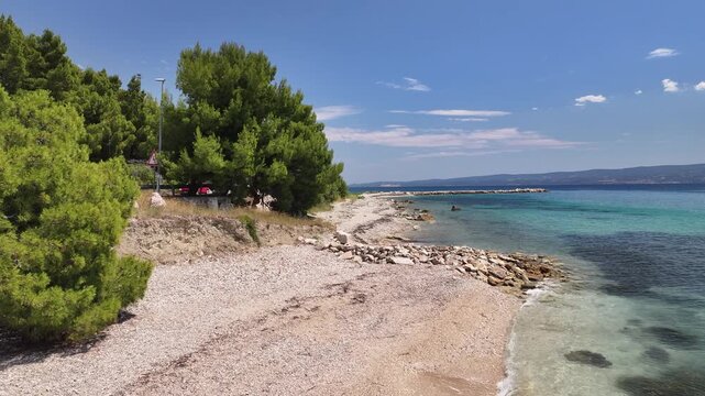 Close Aerial View Of Beach And Adriatic Sea In Podstrana, Croatia