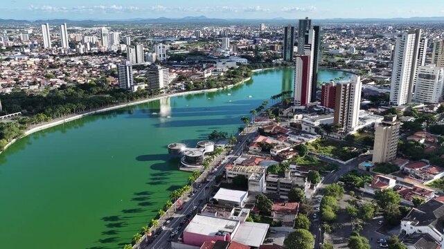 Lakefront Park In Campina Grande Paraiba Brazil. Aerial View Of A Bustling City With High-Rise Buildings And Traffic. Landmark Town. Downtown Cityscape. Campina Grande Paraiba.