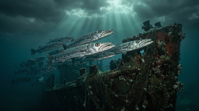 School of Barracudas Swimming Above a Sunken Shipwreck Underwater
