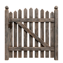 Fototapeta premium Rustic brown wooden garden gate with picket fence design isolated on transparent background