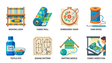 Naklejka premium Crafting and textile vector graphics illustrating traditional handmade processes and sewing supplies.