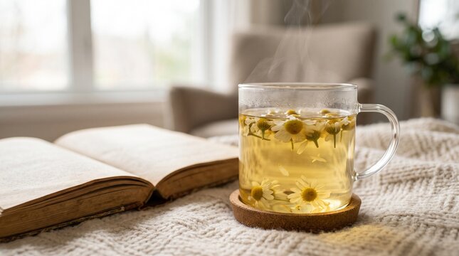 Chamomile tea in a steaming glass mug beside an open book on a soft blanket