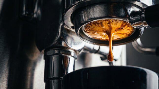 Close-up of espresso dripping from a bottomless portafilter into a cup
