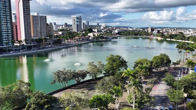 Lakefront Park In Campina Grande Paraiba Brazil. Aerial View Of A High-Rise Buildings And Traffic Showcasing Urban Life. Urban Backgrounds. Cities Of The World Landscape. Campina Grande Paraiba.