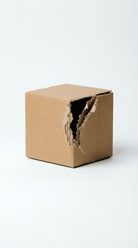 Damaged cardboard box with large torn hole revealing dark interior