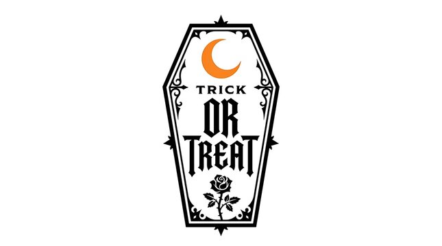 Halloween coffin shaped typography design with crescent moon and rose, halloween