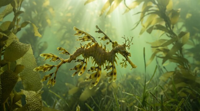 Leafy seadragon camouflaged in vibrant underwater kelp forest habitat with sunrays