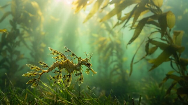 Leafy Seadragon Swimming Through a Sunlit Kelp Forest Underwater Marine Life Habitat Scene