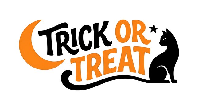 Halloween trick or treat text with orange moon and cat black cat crescent moon