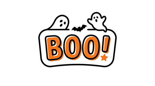 Cute boo ghosts and bat with orange star and text, playful cartoon ghosts