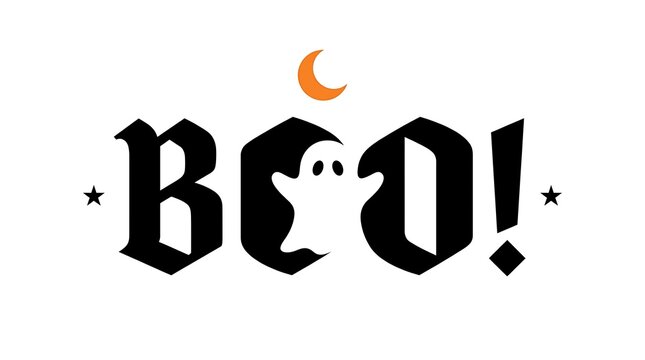 Boo ghost with crescent moon and stars halloween graphic design trick or treat