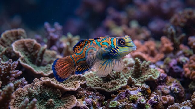 Exotic mandarin fish with its brilliant patterns illuminates the complex ecosystem of a thriving coral environment