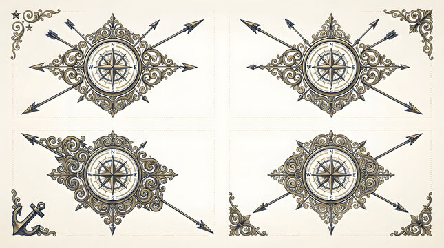 Vintage compass rose corner ornaments and nautical navigation design elements set