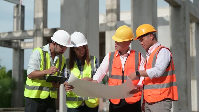Architects and construction engineers review structural and architectural plans at a building site. Concept of construction planning, structural design, teamwork, and project development.