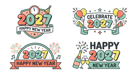Naklejka premium Set of colorful hand drawn 2027 happy new year badges and emblems.