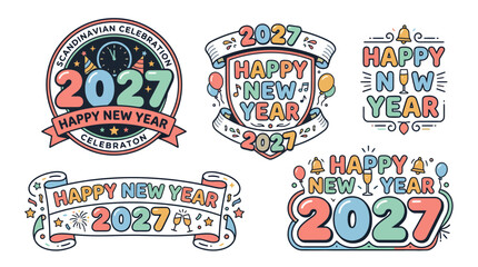 Naklejka premium Set of Colorful Hand Drawn Happy New Year 2027 Badges and Lettering.