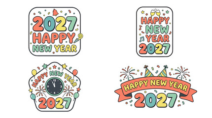 Naklejka premium Set of colorful hand drawn happy new year 2027 labels and badges.