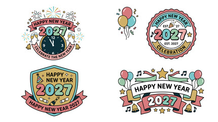 Naklejka premium Set of four colorful hand drawn Happy New Year 2027 celebration badge designs 1.