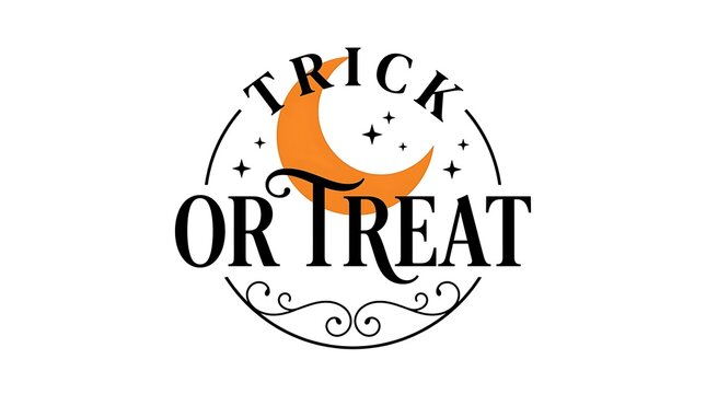 Trick or treat text graphic with crescent moon and stars night sky word art