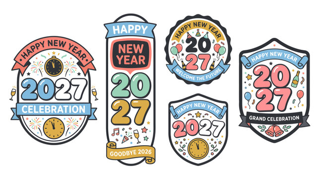 Set of decorative labels and badges for Happy New Year 2027 celebration 1.