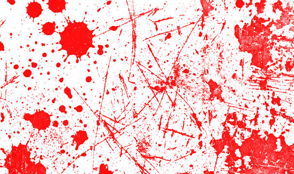 Red paint splatter background with scratches and ink drops isolated on transparent background