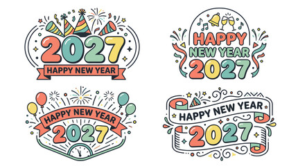 Naklejka premium Set of four hand drawn Happy New Year 2027 holiday badge designs 1.