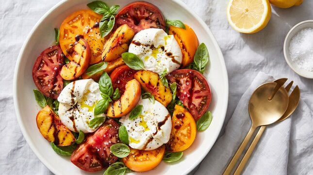 Fresh summer burrata salad with grilled peaches heirloom tomatoes and basil glaze