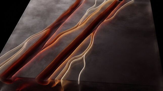 Amber 3D veins trace diagonally across smoky glass
