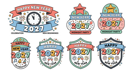 Naklejka premium Set of Happy New Year 2027 Celebration Badges and Labels.