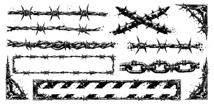 Grungy black barbed wire and chain borders with corner elements in ink splatter