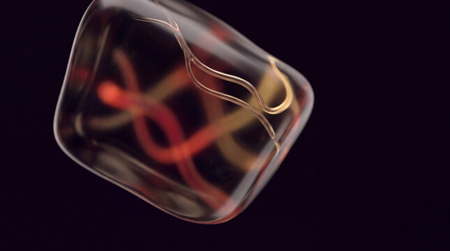 Looping golden vein glows inside a rounded 3D glass form