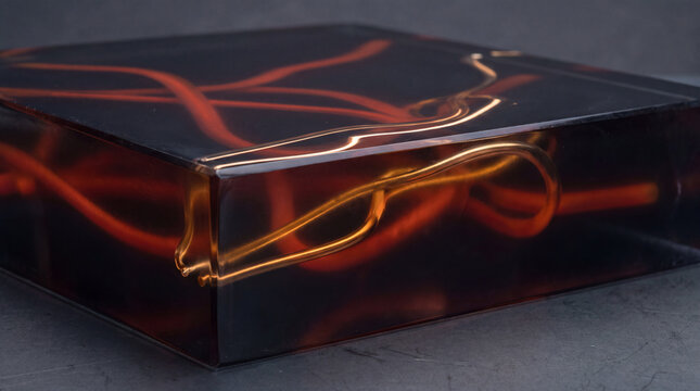 Dark 3D glass box glows with crossing amber veins