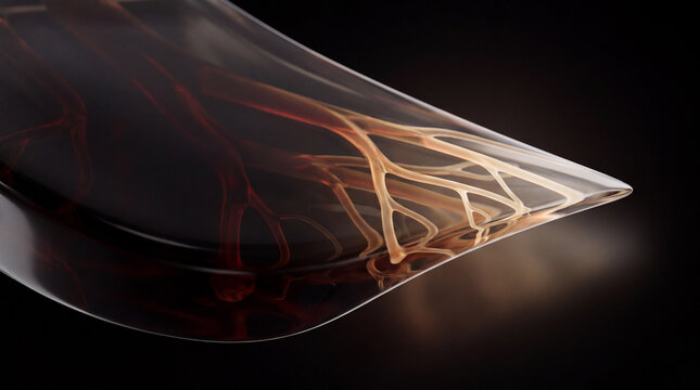 Root veins fan across the tip of a 3D glass wedge