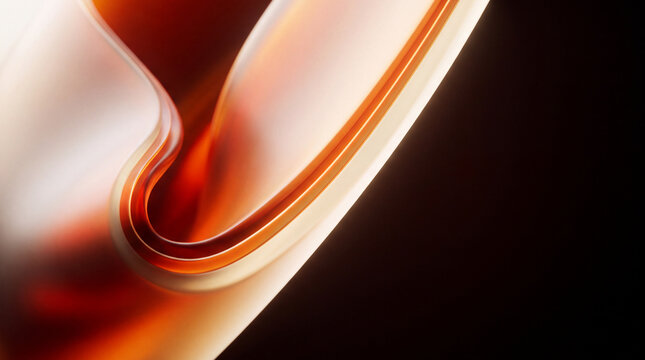 Two amber 3D ribbons curve toward each other in glass