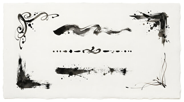 Hand-drawn black ink brush calligraphy corner flourishes and decorative swirls on white background