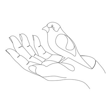 Continuous Line Art Bird Perched on Open Hand Vector Illustration with Transparent PNG Isolated