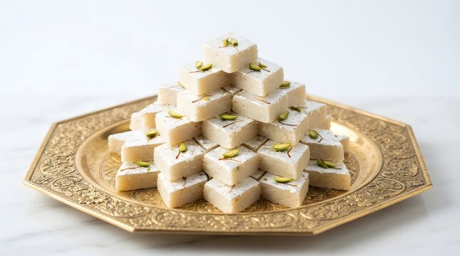 Kaju katli or cashew burfi, a traditional indian sweet, arranged in a pyramid on a decorative brass plate