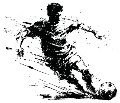 dynamic black ink silhouette of a soccer player kicking ball in motion splash art