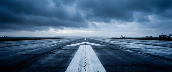 Obraz premium Empty airport runway stretching toward horizon under stormy sky