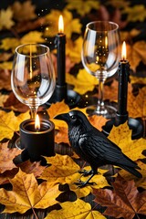 Naklejka premium Black raven bird figurine stands on table with yellow fallen autumn leaves. Burning wax candles shine near glass wine goblets during evening celebration. Dark moody atmosphere creates seasonal