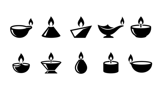 Set of ten black and white diya lamp icons